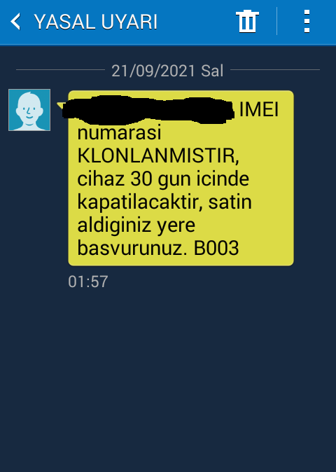 IMEI NUMARASI KLONLANMISTIR, CIHAZ 30 GUN ICERISINDE KAPATILACAKTIR, SATIN ALDIGINIZ YERE BASVURUNUZ