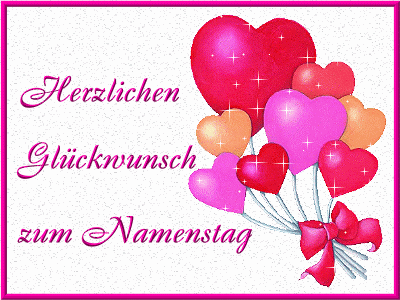 Gif s přáním k svátku v němčině se třpytivými kreslenými srdíčky a s nápisem Herzlichen Glückwunsch zum Namenstag.